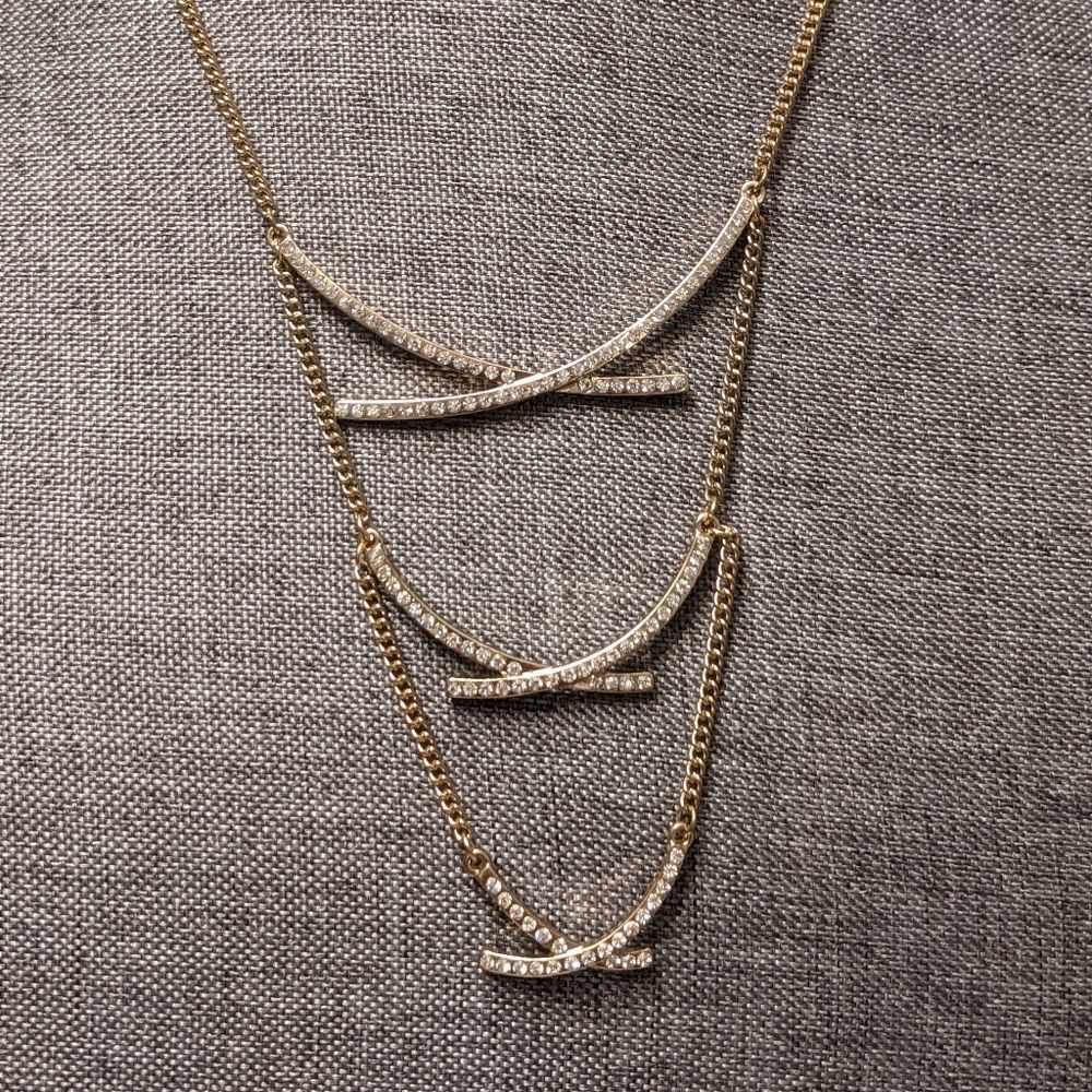 Unique vintage levels & X design goldtone rhinestone necklace